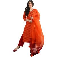 Gosriki Women's Chanderi Cotton Printed Straight Kurta With Pant & Dupatta (Indu Orange_M-Go_Orange_Medium)