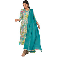 Gosriki Women's Cotton Blend Printed Straight Kurta With Pant & Dupatta (Ruth Rama-Nw-Gs_M_Multi_Medium)
