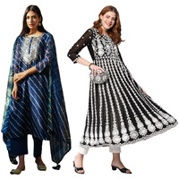 Gosriki Women's Embroidered Kurti & Kurti Pant Dupatta Set Combo Pack Of 2 (Doremi Navy & Kari Black-Gs_Xxl_Multi_Xx-Large)