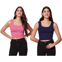 Toplot Women's Combo Solid Ribbed Scoop Neck Sleeveless Slim Fit Tank Top Pack Of 2 (Combo-5069-Nvy-Pnk-L)