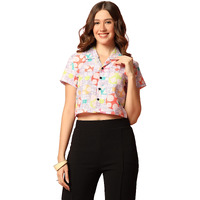 Toplot V-Collar Printed Crop Shirt For Women With Short Sleeves (Crop-Shirt-5059-Multi-S)
