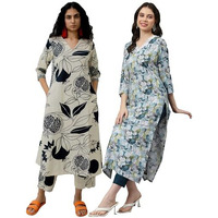 Gosriki Women's Cotton Blend Printed Straight Kurta With Pant Pack Of 2 (Anaar Beige-Southz Blue-Gs_Xxl_Multi_Xx-Large)