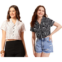 Toplot Women's Casual Printed Crop Shirt With Half Sleeve Pack Of 2 (Combo-5059-Blk-Wht-L)