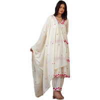 Gosriki Women's Rayon Blend Anarkali Embroidered Kurta With Pant & Dupatta (Raashi Cream-Gs_M_Cream_Medium)