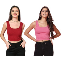 Toplot Women's Combo Solid Ribbed Scoop Neck Sleeveless Slim Fit Tank Top Pack Of 2 (Combo-5069-Mrn-Pnk-L)