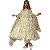 Gosriki Women's Organza Floral Printed Anarkali Kurta With Pant & Dupatta (Ratnagiri-Multi-Gs_Xl_White_X-Large)