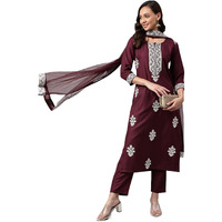 Gosriki Women's Cotton Blend Straight Embroidered Kurta With Pant & Dupatta (Tistha Maroon_Xl-Go_Maroon_X-Large)