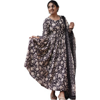Gosriki Women's Rayon Blend Anarkali Printed Kurta With Pant & Dupatta (Lilac Black-Gs_S_Black_Small)