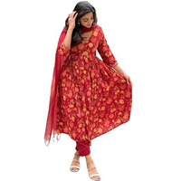 Gosriki Women's Rayon Blend Anarkali Printed Kurta With Pant & Dupatta (Roni Red-Gs_Xxl_Red_Xx-Large)