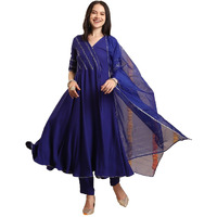 Gosriki Women's Rayon Blend Anarkali Solid Kurta With Pant & Dupatta (Nirmooha Royal Blue-Vks02-Gs_Xl_Blue_X-Large)