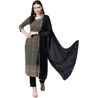 Gosriki Women's Cotton Blend Embroidered Straight Kurta With Pants & Dupatta (Dumas-Black-Gs_S_Black_Small)