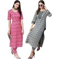 Gosriki Women's Cotton Blend Printed Straight Kurta With Pant Pack Of 2 (Combo-Sachi-Azrak-Gs_Xxl_Multi_Xx-Large) Multicolour