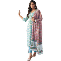 Gosriki Women's Cotton Blend Straight Printed Kurta With Pant & Dupatta (Made Green_M-Go_Green_Medium)