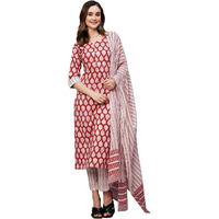 Gosriki Women's Cotton Blend Straight Printed Kurta With Pant & Dupatta (Vedavati Red-Gs_Xxl_Red_Xx-Large)
