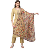 Gosriki Women's Cotton Blend Straight Printed Kurta With Pant & Dupatta (Authentic Beige_L-Go_Beige_Large)