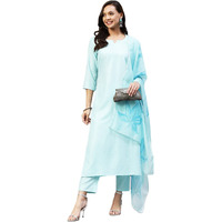 Gosriki Women's Cotton Blend Straight Solid Kurta With Pant & Dupatta (Resoti Nw Blue_Xxl-Go_Blue_Xx-Large)