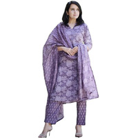 Gosriki Women's Cotton Blend Straight Printed Kurta With Pant & Dupatta (Harana Blue-Gs_L_Blue_Large)