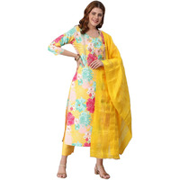 Gosriki Women's Cotton Blend Embroidered Floral Printed Straight Kurta With Pant & Dupatta (Litup-Yellow-Nw2-Gs_S_Yellow_Small)