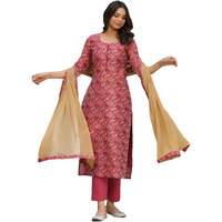 Gosriki Women's Cotton Blend Straight Printed Kurta With Pant & Dupatta (Banarsi-Red-Bfv-Gs_L_Red_Large)