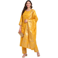 Gosriki Women's Cotton Straight Kurta With Palazzo & Dupatta (Kpzd-Cot-10036-Yellow_L-Go_Yellow_Large)