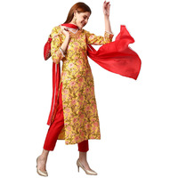 Gosriki Women's Cotton Blend Floral Printed Straight Kurta With Pant & With Dupatta (Amd 30-Yellow_S-Gs_Yellow_Small)