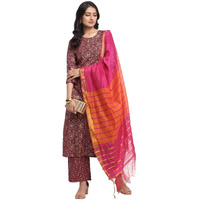 Gosriki Women's Rayon Cotton Foil Printed Straight Kurta With Palazzo & Dupatta (Kshi Brown_L_Brown_Large)