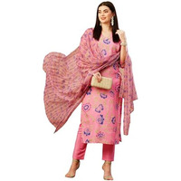 Gosriki Women's Cotton Blend Straight Printed Kurta With Pant & Dupatta (Fataki Baby Pink-Gs_Xl_Pink_X-Large)