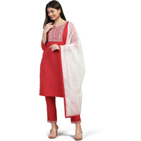 Toplot Women's Solid Straight Kurta With Pant & Dupatta|Kurta Pant Set With Dupatta (Straight-Kurta-Pant-5197-Red-L)
