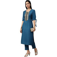 Gosriki Women's Cotton Blend Printed Straight Kurta With Pant (Mikini Blue_New_S-Go_Blue_Small)
