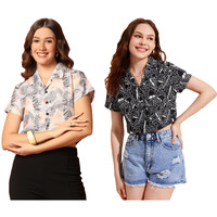 Toplot Women's Casual Printed Crop Shirt With Half Sleeve Pack Of 2 (Combo-5059-Blk-Tre-L)