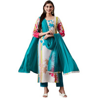 Gosriki Women's Cotton Blend Straight Printed Kurta With Pant & Dupatta (Hibiki Cream-Gs_S_Cream_Small)