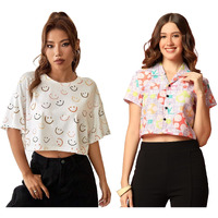 Toplot Women's Casual Printed Crop Top With Short Sleeve Pack Of 2 (Combo-5135-Mlt-Sml-Xs)