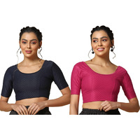 Toplot Cotton Blend Lycra Stretchable Readymade Blouses Pack Of 2 (Combo-5058-Nvy-Rnp-34)