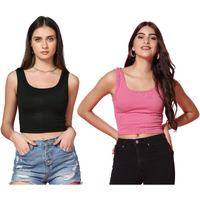 Toplot Women's Combo Solid Ribbed Scoop Neck Sleeveless Slim Fit Tank Top Pack Of 2 (Combo-5069-Blk-Pnk-Xl)