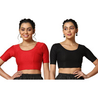 Toplot Cotton Blend Lycra Stretchable Readymade Blouses Pack Of 2 (Combo-5058-Blk-Red-34)
