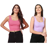 Toplot Women's Combo Solid Ribbed Scoop Neck Sleeveless Slim Fit Tank Top Pack Of 2 (Combo-5069-Pnk-Prl-S)