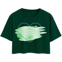 Toplot Heart Printed Round Neck Crop Top For Women (Big-Heart-Top-5201-Olive-S)