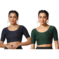 Toplot Cotton Blend Lycra Stretchable Readymade Blouses Pack Of 2 (Combo-5058-Gre-Nvy-34) Green-Navy Blue