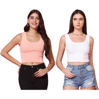 Toplot Women's Combo Solid Ribbed Scoop Neck Sleeveless Slim Fit Tank Top Pack Of 2 (Combo-5069-Pch-Wht-L)