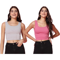 Toplot Women's Combo Solid Ribbed Scoop Neck Sleeveless Slim Fit Tank Top Pack Of 2 (Combo-5069-Gry-Pnk-Xs)
