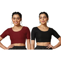 Toplot Cotton Blend Lycra Stretchable Readymade Blouses Pack Of 2 (Combo-5058-Blk-Mrn-28) Black-Maroon