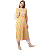 Gosriki Women's Cotton Blend Traditional Straight Printed Kurta And Pant Set (Behan Yellow_S-Gs_Yellow_Small)