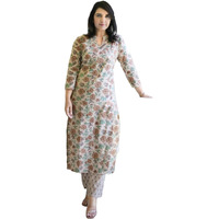 Gosriki Women's Cotton Blend Straight Printed Kurta With Pant (Wide Cream-Gs_L_Cream_Large)