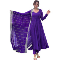 Gosriki Women's Rayon Blend Solid Anarkali Kurta With Pant & Dupatta (Pancham Begani-Gs_S_Begani_Small)
