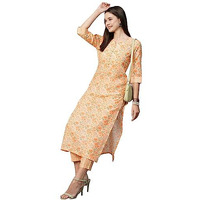 Gosriki Women's Cotton Blend Printed Straight Kurta With Pant (Alohi Orange-N2W-Gs_S_Orange_Small)