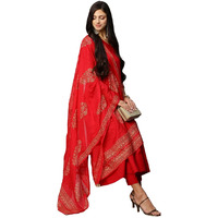 Gosriki Women's Cotton Blend Solid Anarkali Kurta With Pant & Dupatta (Magic-Red-Nw-Gs_Xl_Red_X-Large)