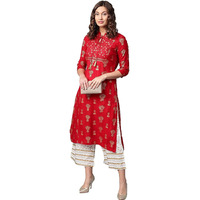 Gosriki Women's Red & Golden Print Straight Kurta Kurta With Palazzo Set(Ankudi Red_M-Go)