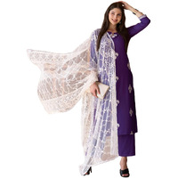 Gosriki Women's Cotton Blend Straight Embroidered Kurta With Palazzo & Dupatta (Ditto Begni-Gs_M_Blue_Medium)