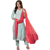 Gosriki Women's Rayon Blend Embroidered Straight Kurta With Pant & Dupatta (Baad Green-Vks07-Gs_L_Green_Large)