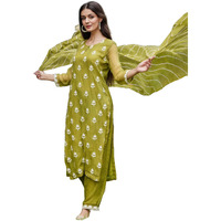 Gosriki Women's Cotton Blend Embroidered Straight Kurta With Pant & Dupatta (Chakdol-Mahendi-Gs_S_Green_Small)